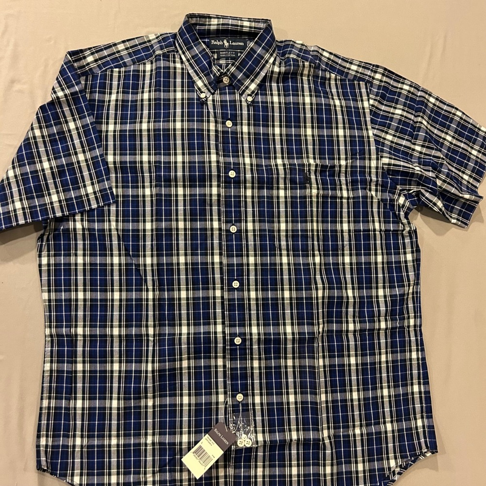 Ralph Lauren Bartlett Mens Blue Plaid Cotton Short Sleeve Button Down L NWT